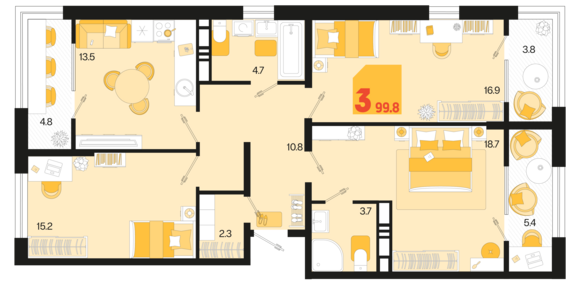 3-комнатная квартира №743 99,8 м2 от застройщика ГК ТОЧНО