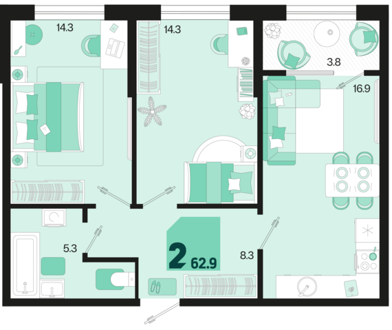 2-комнатная квартира №594 62,9 м2 от застройщика ГК ТОЧНО