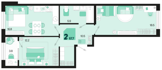 2-комнатная квартира №595 67,7 м2 от застройщика ГК ТОЧНО