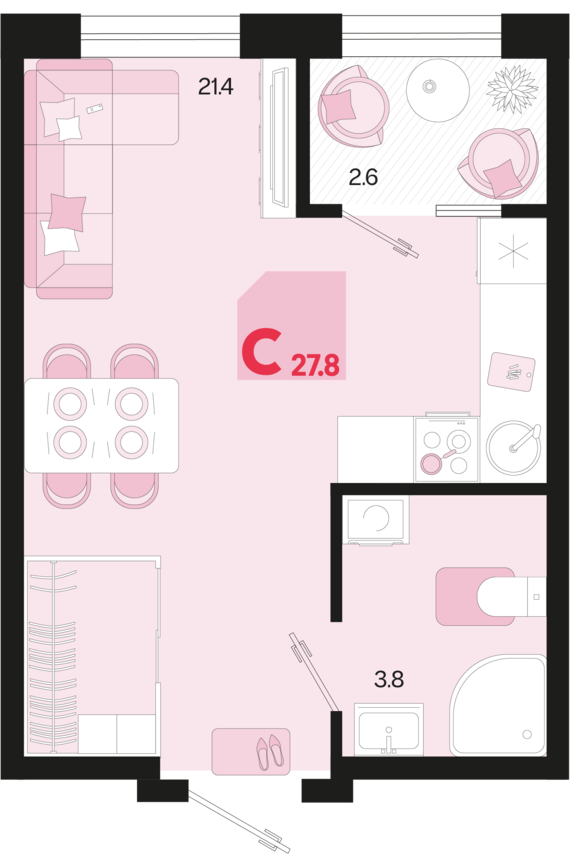 Студия №596 27,8 м2 от застройщика ГК ТОЧНО