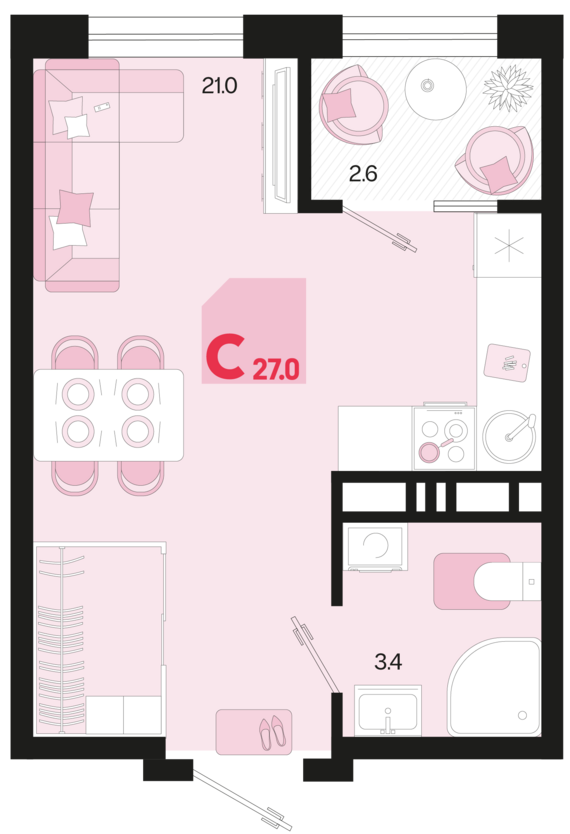 Студия №614 27 м2 от застройщика ГК ТОЧНО