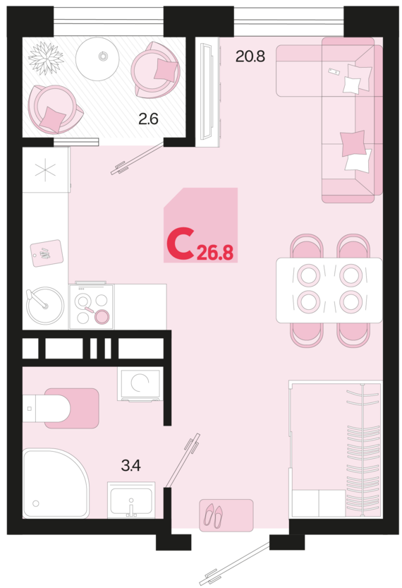 Студия №644 26,8 м2 от застройщика ГК ТОЧНО