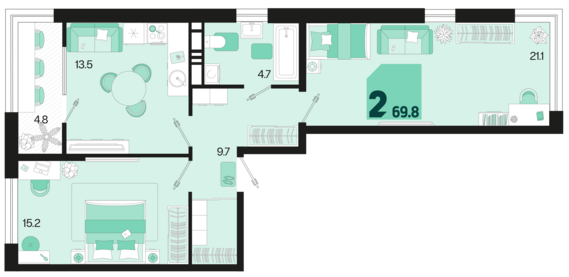 2-комнатная квартира №663 69 м2 от застройщика ГК ТОЧНО