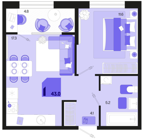1-комнатная квартира №6 43 м2 от застройщика ГК ТОЧНО