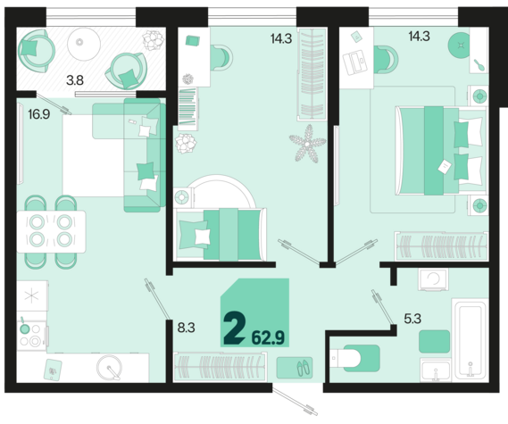 2-комнатная квартира №9 62,9 м2 от застройщика ГК ТОЧНО