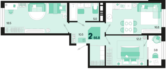 2-комнатная квартира №44 64,9 м2 от застройщика ГК ТОЧНО