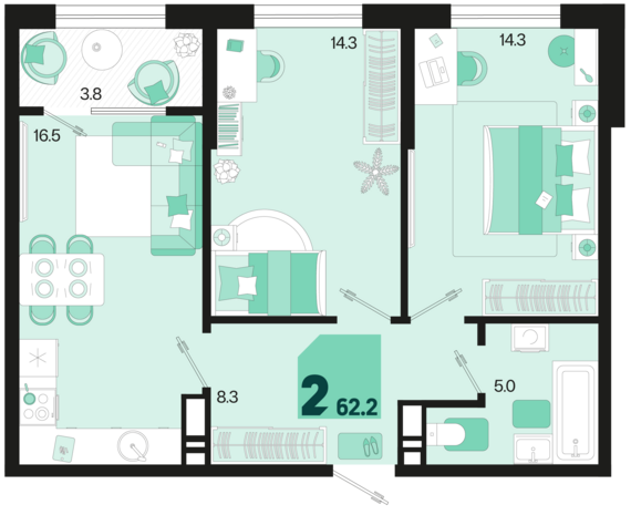 2-комнатная квартира №45 62,2 м2 от застройщика ГК ТОЧНО