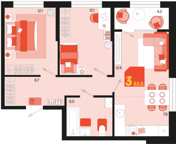 евро 3 к.кв. №157 61,4 м2 от застройщика ГК ТОЧНО