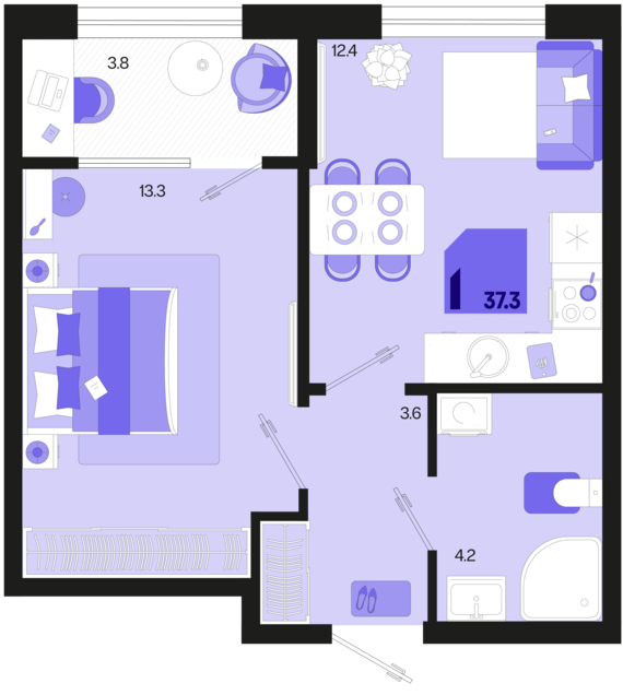 1-комнатная квартира №314 37,3 м2 от застройщика ГК ТОЧНО