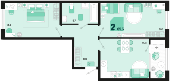 2-комнатная квартира №316 65,3 м2 от застройщика ГК ТОЧНО