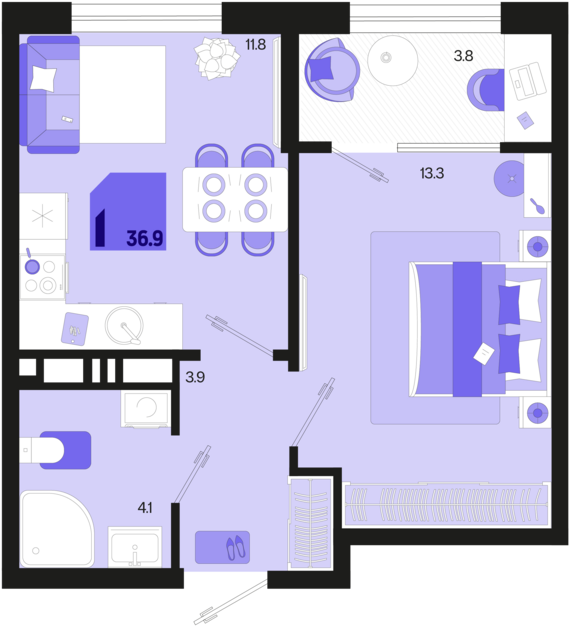 1-комнатная квартира №331 36,9 м2 от застройщика ГК ТОЧНО