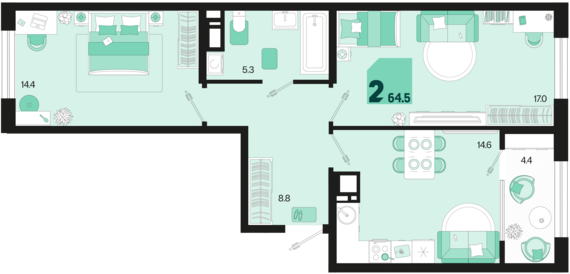 2-комнатная квартира №328 64,5 м2 от застройщика ГК ТОЧНО