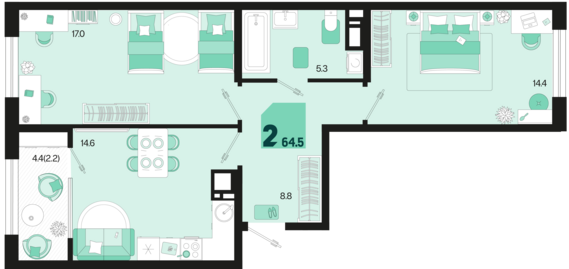2-комнатная квартира №341 64,5 м2 от застройщика ГК ТОЧНО