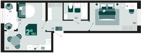 евро 2 к.кв. №344 49 м2 от застройщика ГК ТОЧНО