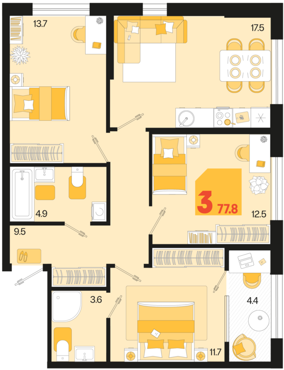 3-комнатная квартира №347 77,8 м2 от застройщика ГК ТОЧНО