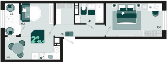 евро 2 к.кв. №358 48,4 м2 от застройщика ГК ТОЧНО
