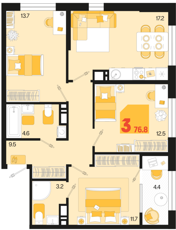 3-комнатная квартира №354 76,8 м2 от застройщика ГК ТОЧНО