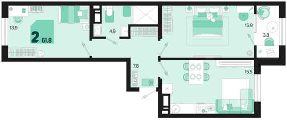 2-комнатная квартира №392 61,8 м2 от застройщика ГК ТОЧНО