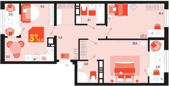 евро 3 к.кв. №393 79,8 м2 от застройщика ГК ТОЧНО