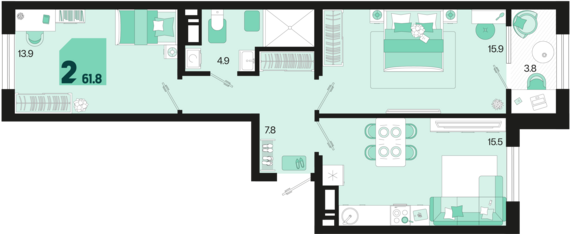 2-комнатная квартира №397 61,8 м2 от застройщика ГК ТОЧНО