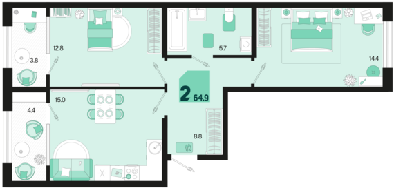 2-комнатная квартира №282 64,9 м2 от застройщика ГК ТОЧНО