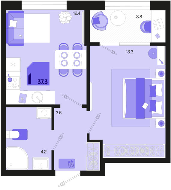 1-комнатная квартира №284 35,4 м2 от застройщика ГК ТОЧНО