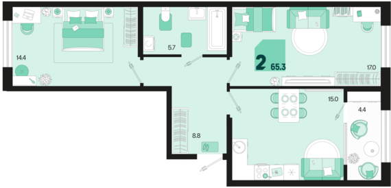 2-комнатная квартира №285 65,3 м2 от застройщика ГК ТОЧНО