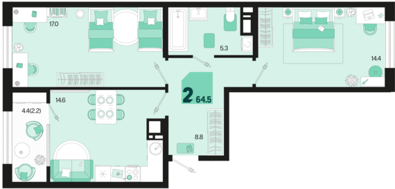 2-комнатная квартира №310 64,5 м2 от застройщика ГК ТОЧНО