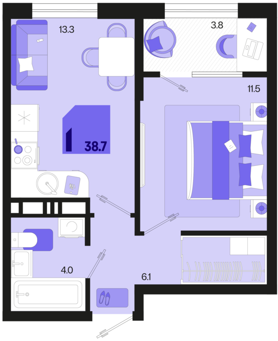 1-комнатная квартира №612 38,7 м2 от застройщика ГК ТОЧНО