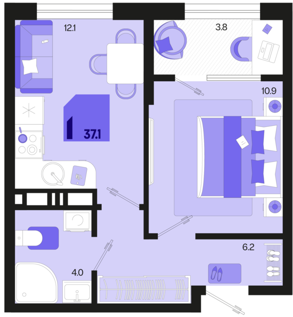 1-комнатная квартира №606 37,1 м2 от застройщика ГК ТОЧНО
