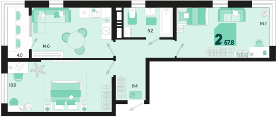 2-комнатная квартира №650 67,8 м2 от застройщика ГК ТОЧНО