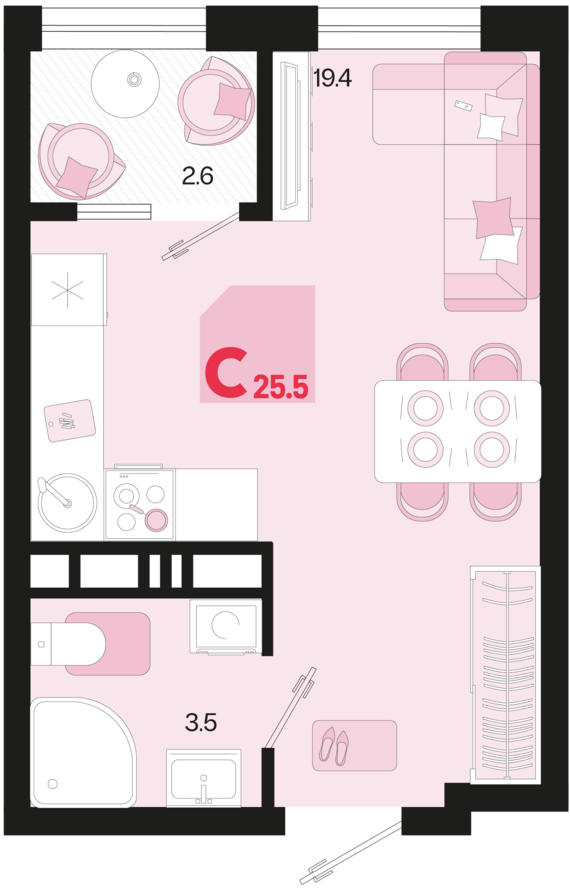 Студия №663 25,5 м2 от застройщика ГК ТОЧНО