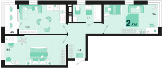2-комнатная квартира №664 65,8 м2 от застройщика ГК ТОЧНО