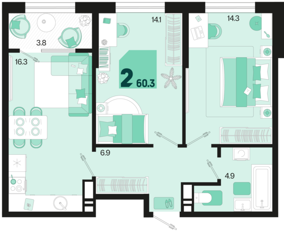 2-комнатная квартира №665 60,3 м2 от застройщика ГК ТОЧНО