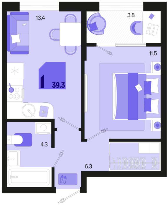 1-комнатная квартира №532 39,3 м2 от застройщика ГК ТОЧНО