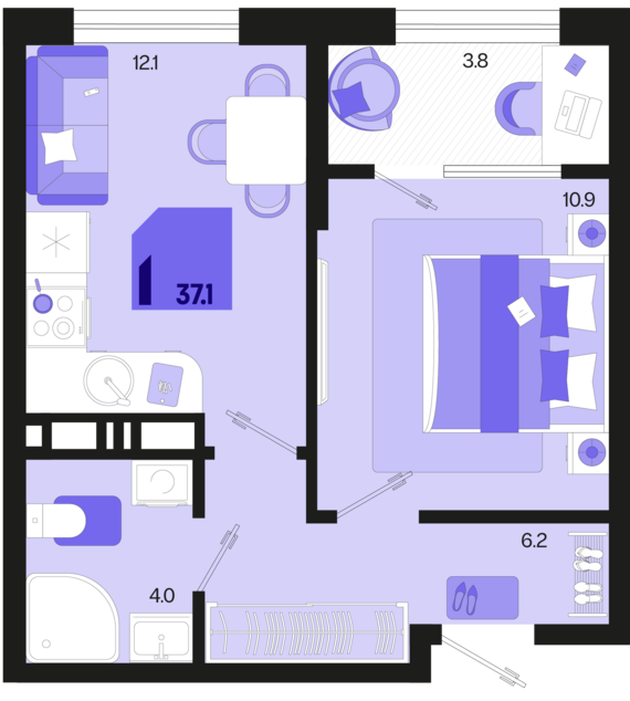 1-комнатная квартира №574 37,1 м2 от застройщика ГК ТОЧНО