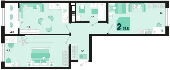 2-комнатная квартира №546 67,8 м2 от застройщика ГК ТОЧНО