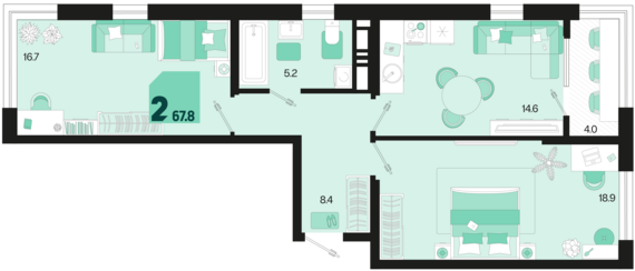 2-комнатная квартира №511 67,8 м2 от застройщика ГК ТОЧНО