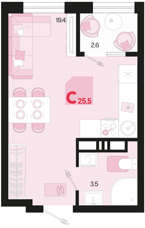 Студия №496 25,5 м2 от застройщика ГК ТОЧНО
