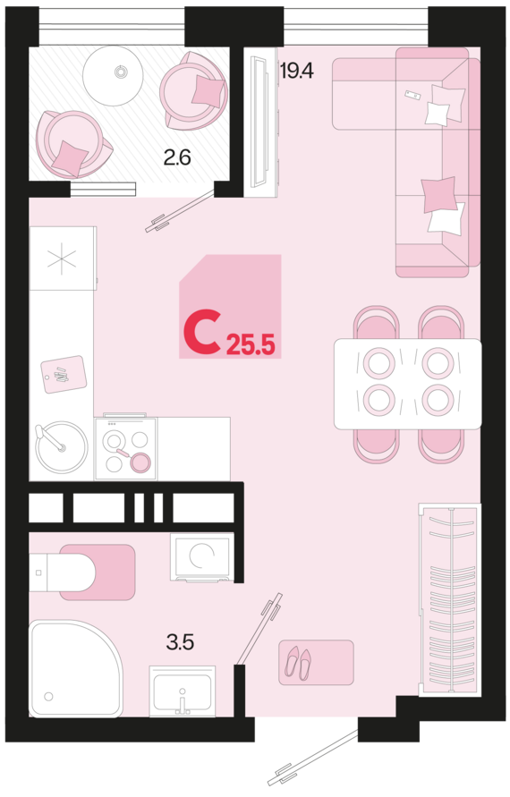 Студия №490 25,5 м2 от застройщика ГК ТОЧНО