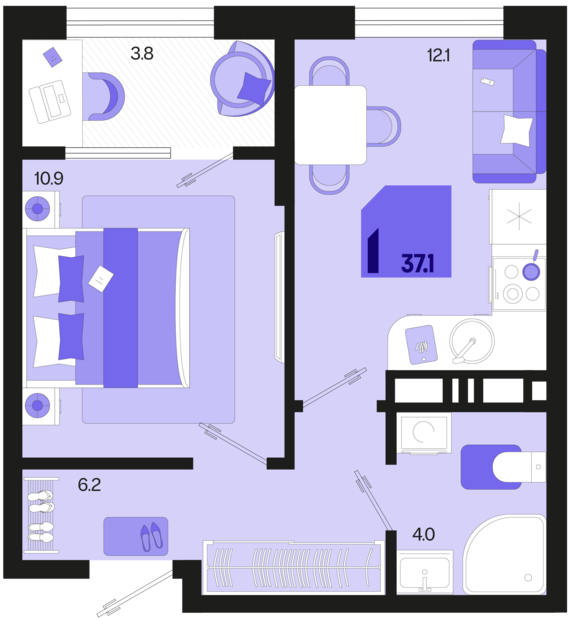1-комнатная квартира №515 37,1 м2 от застройщика ГК ТОЧНО
