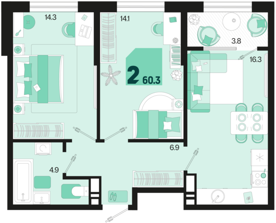 2-комнатная квартира №526 60,3 м2 от застройщика ГК ТОЧНО