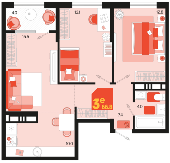 евро 3 к.кв. №531 66,8 м2 от застройщика ГК ТОЧНО