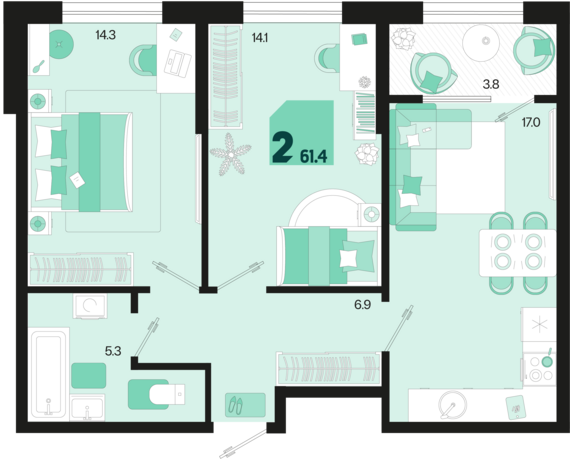 2-комнатная квартира №398 61,4 м2 от застройщика ГК ТОЧНО