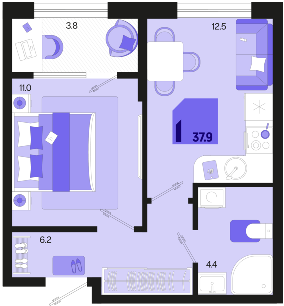 1-комнатная квартира №403 36 м2 от застройщика ГК ТОЧНО