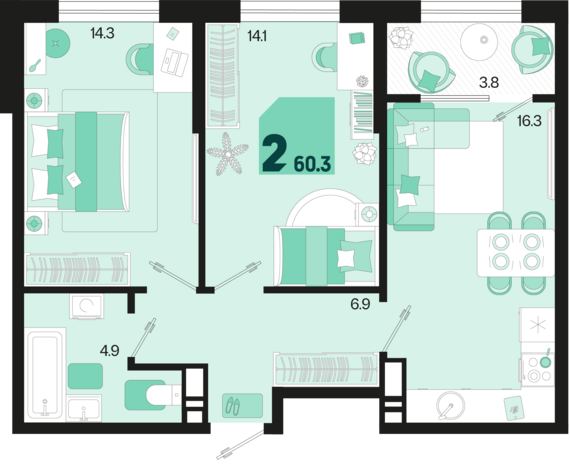 2-комнатная квартира №438 60,3 м2 от застройщика ГК ТОЧНО