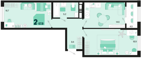 2-комнатная квартира №447 67,8 м2 от застройщика ГК ТОЧНО