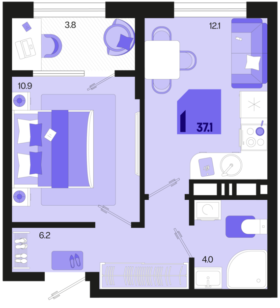 1-комнатная квартира №467 37,1 м2 от застройщика ГК ТОЧНО