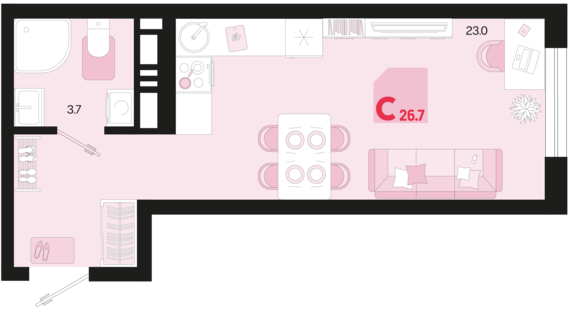 Студия №444 26,7 м2 от застройщика ГК ТОЧНО