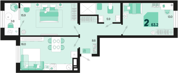 2-комнатная квартира №666 63,2 м2 от застройщика ГК ТОЧНО